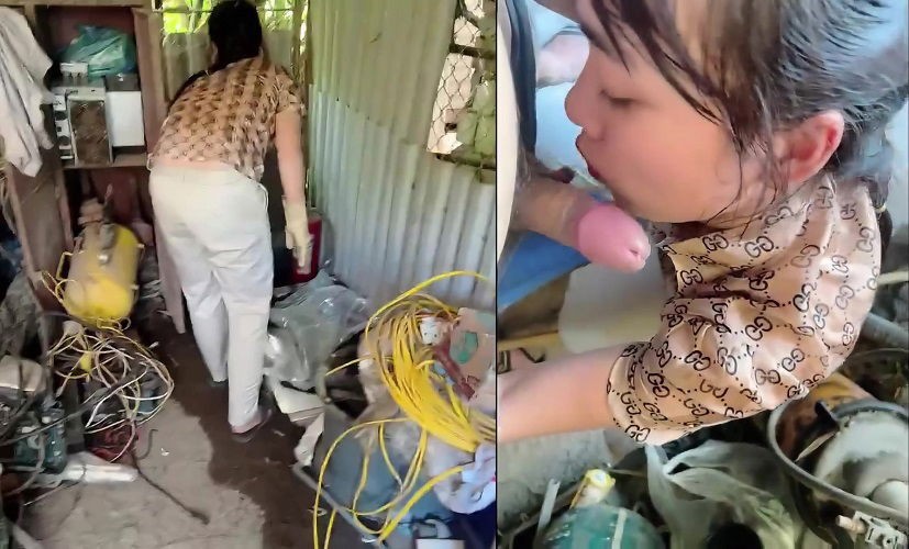 Phim  Sex Thuê chị lao công dọn nhà kho mà nứng quá cởi quần đòi chị bú cu luôn trong kho
